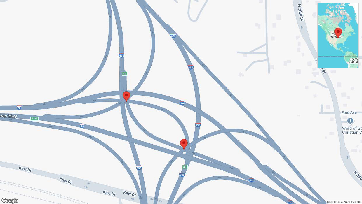 A detailed map that shows the affected road due to 'Broken down vehicle on the Harry Darby Memorial Highway in Kansas City' on November 5th at 12:59 p.m.