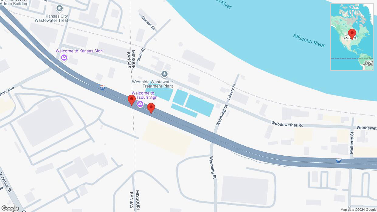 A detailed map that shows the affected road due to 'Broken down vehicle on eastbound I-70 in Kansas City' on November 6th at 5:23 p.m.