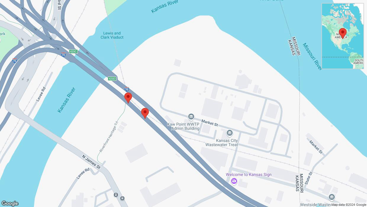 A detailed map that shows the affected road due to 'Broken down vehicle on eastbound I-70 in Kansas City' on November 6th at 8:23 p.m.