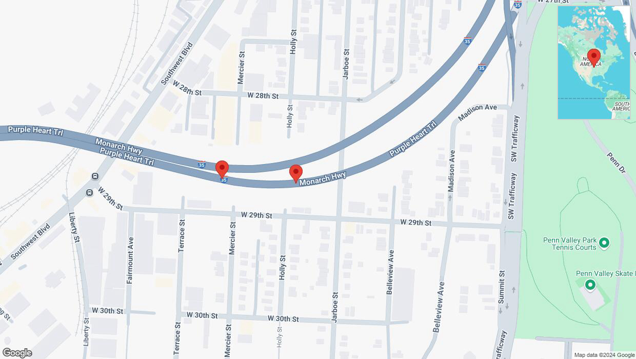 A detailed map that shows the affected road due to 'Broken down vehicle on northbound I-35 in Kansas City' on November 6th at 9:59 p.m.