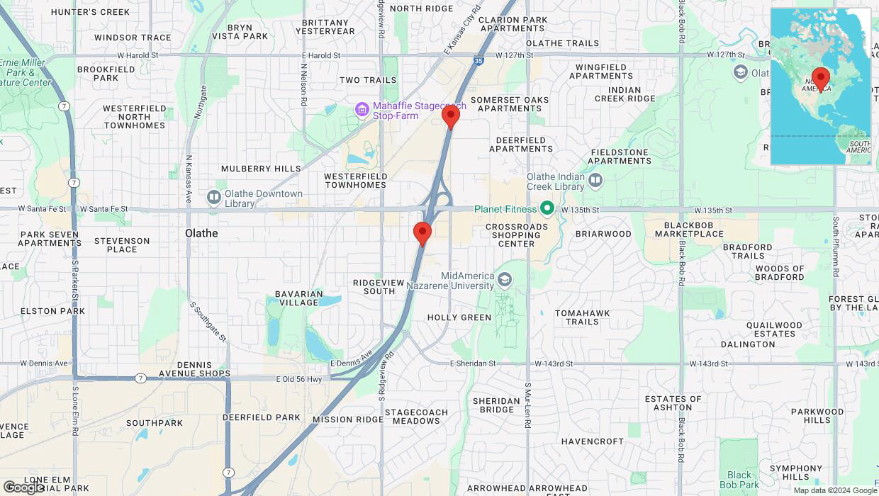 A detailed map that shows the affected road due to 'Crash reported on eastbound I-35 in Olathe' on November 7th at 6:29 p.m.