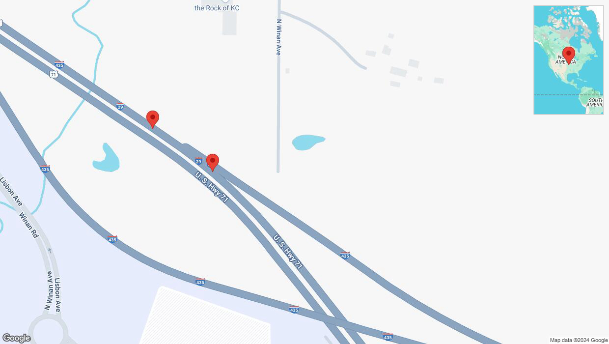 A detailed map that shows the affected road due to 'Warning: Crash on northbound I-29 in Kansas City' on November 7th at 9:47 p.m.