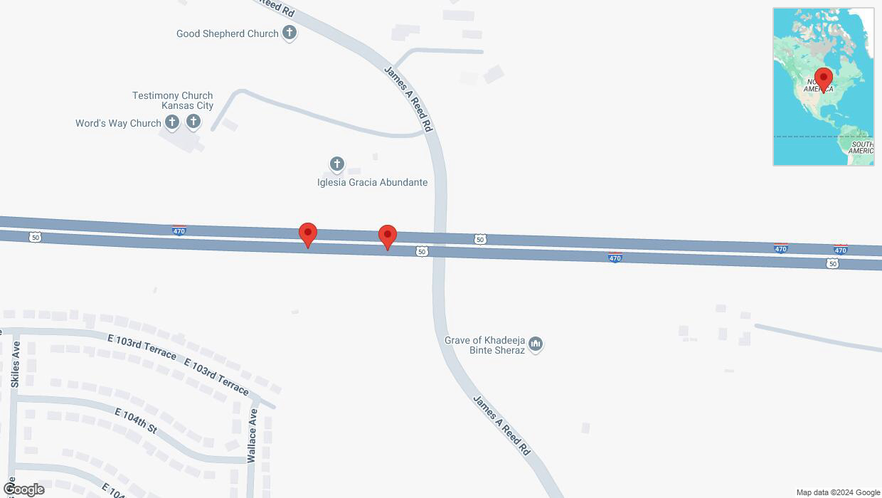 A detailed map that shows the affected road due to 'Broken down vehicle on eastbound I-470 in Kansas City' on November 9th at 7:59 p.m.
