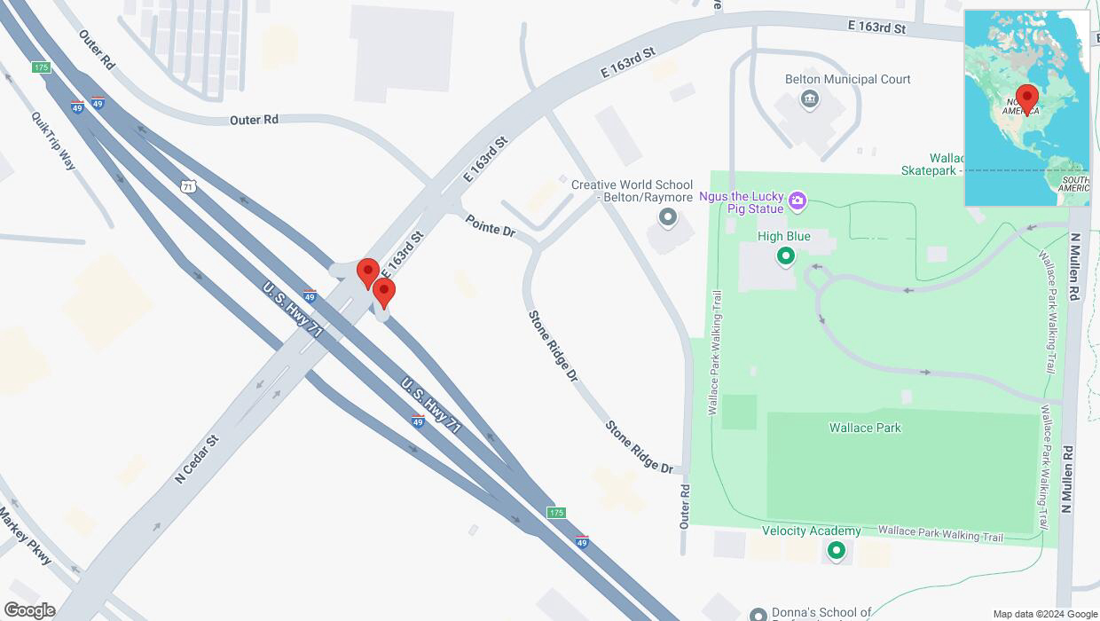 A detailed map that shows the affected road due to 'Broken down vehicle on East 163rd Street in Belton' on November 8th at 5:23 p.m.