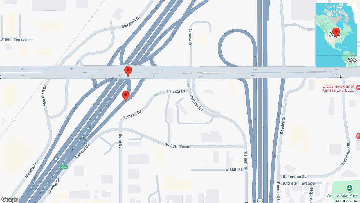 A detailed map that shows the affected road due to 'Broken down vehicle on the Monarch Highway in Overland Park' on November 8th at 7:35 p.m.