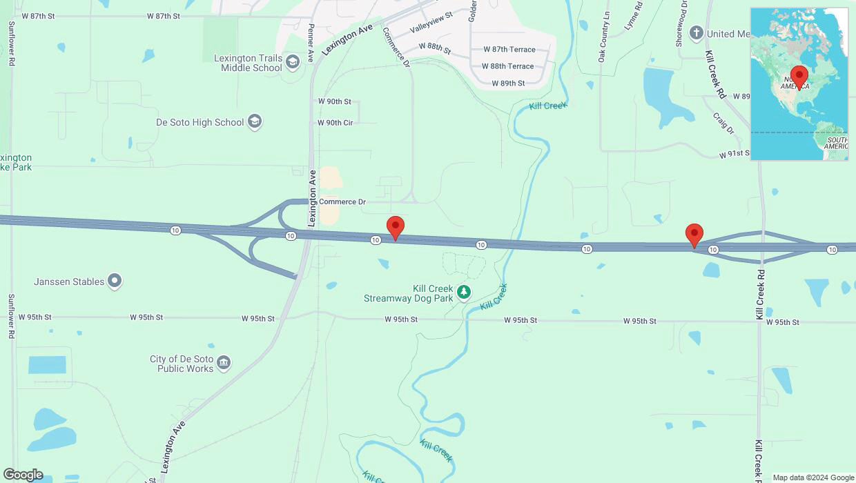 A detailed map that shows the affected road due to 'Heavy rain prompts traffic advisory on eastbound K-10 in De Soto' on November 9th at 3:13 a.m.