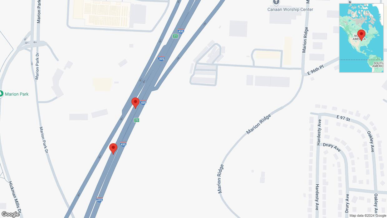 A detailed map that shows the affected road due to 'Broken down vehicle on southbound I-435 in Kansas City' on November 9th at 1:11 p.m.