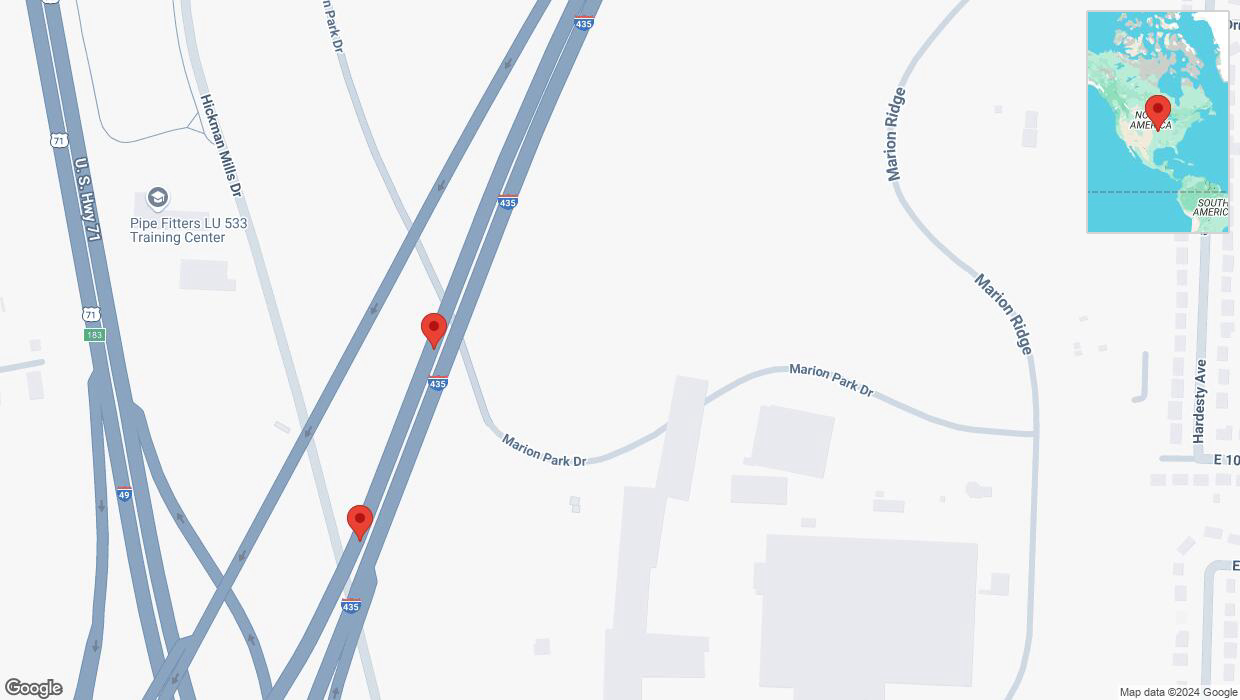 A detailed map that shows the affected road due to 'Broken down vehicle on southbound I-435 in Kansas City' on November 10th at 12:53 p.m.
