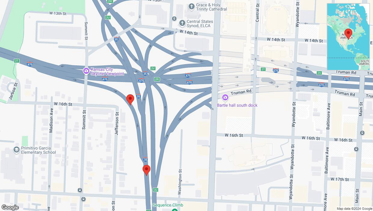A detailed map that shows the affected road due to 'Warning in Kansas City: Crash reported on Jefferson Street' on November 10th at 10:35 p.m.