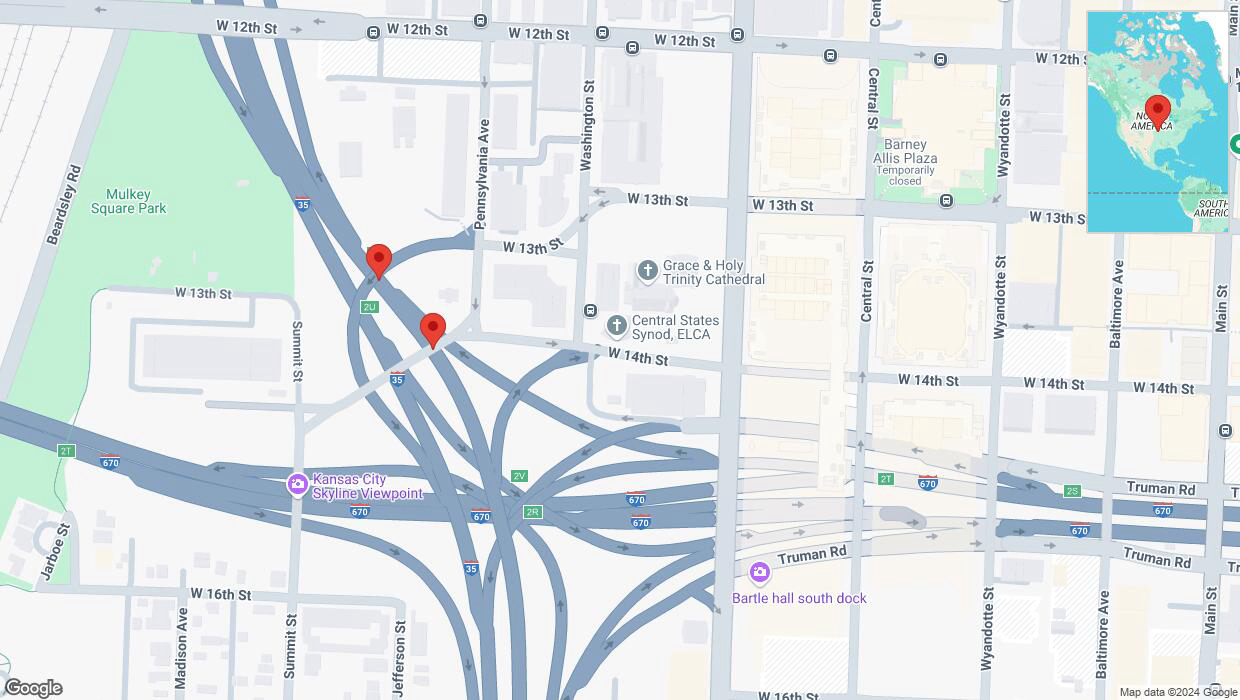 A detailed map that shows the affected road due to 'Broken down vehicle on northbound I-35 in Kansas City' on November 11th at 12:46 p.m.