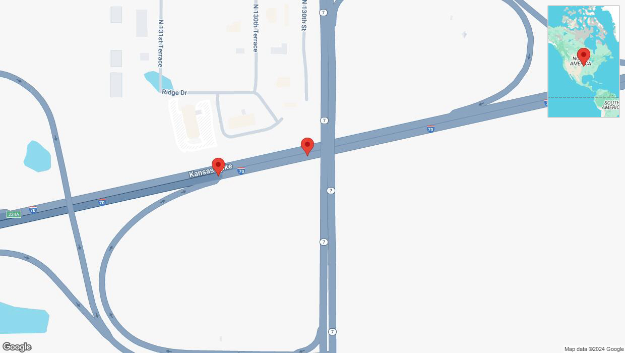A detailed map that shows the affected road due to 'Broken down vehicle on eastbound I-70 in Bonner Springs' on November 11th at 1:10 p.m.