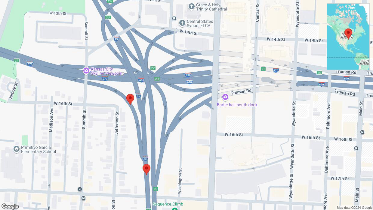 A detailed map that shows the affected road due to 'Broken down vehicle on Jefferson Street in Kansas City' on November 11th at 10:40 p.m.