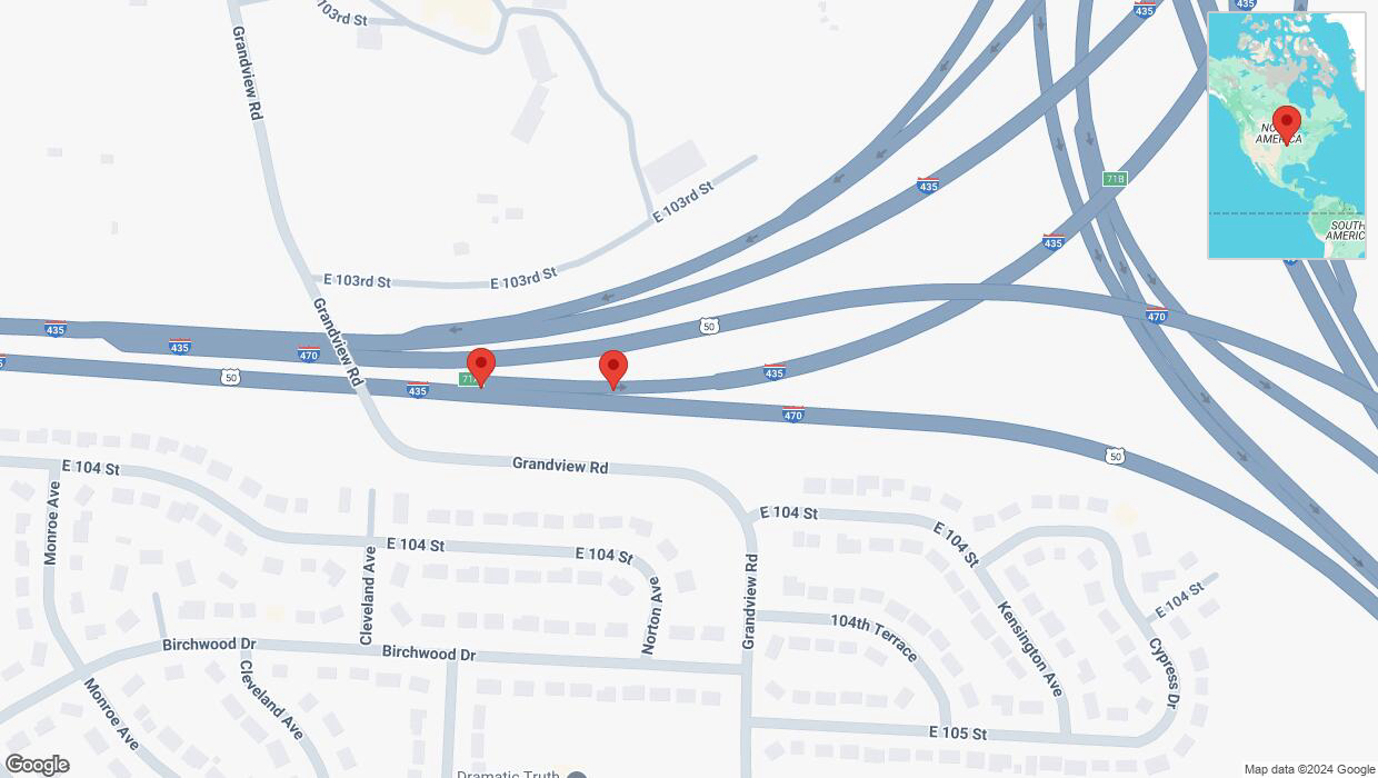 A detailed map that shows the affected road due to 'Broken down vehicle on northbound I-435 in Kansas City' on November 12th at 6:46 p.m.
