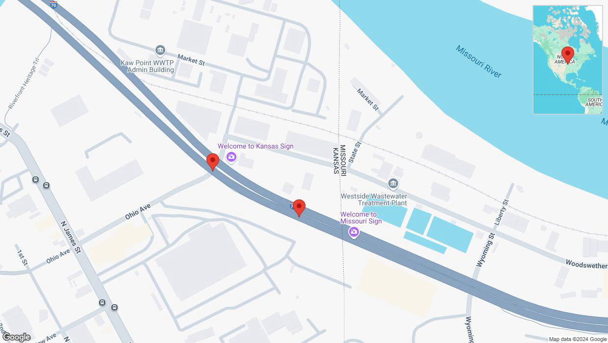 A detailed map that shows the affected road due to 'Broken down vehicle on eastbound I-70 in Kansas City' on November 12th at 3:58 p.m.