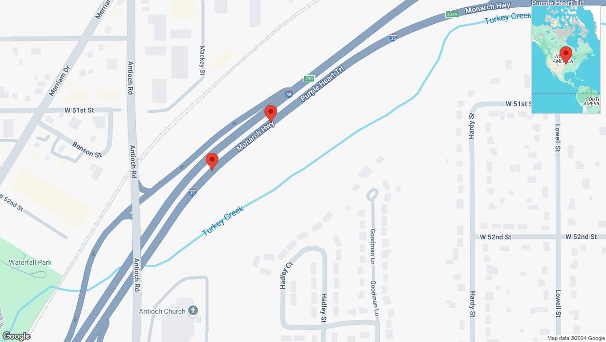 A detailed map that shows the affected road due to 'Warning in Overland Park: Crash reported on northbound I-35' on November 12th at 6:22 p.m.