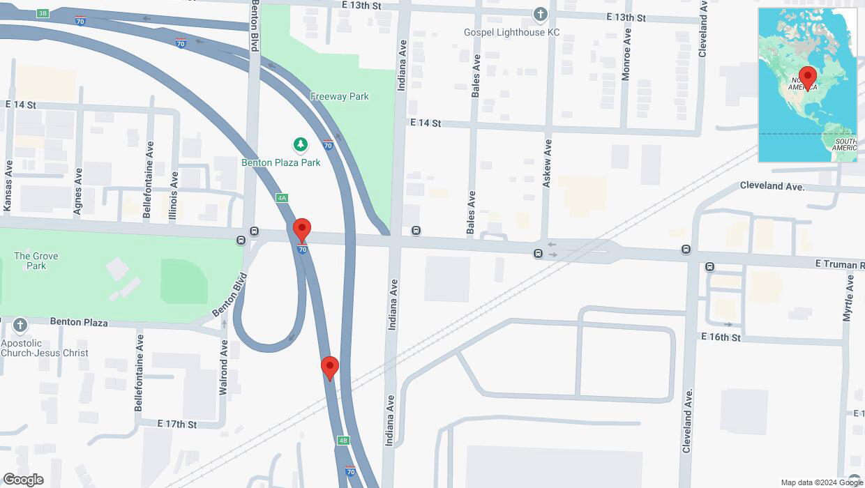 A detailed map that shows the affected road due to 'Broken down vehicle on eastbound I-70 in Kansas City' on November 12th at 11:16 p.m.