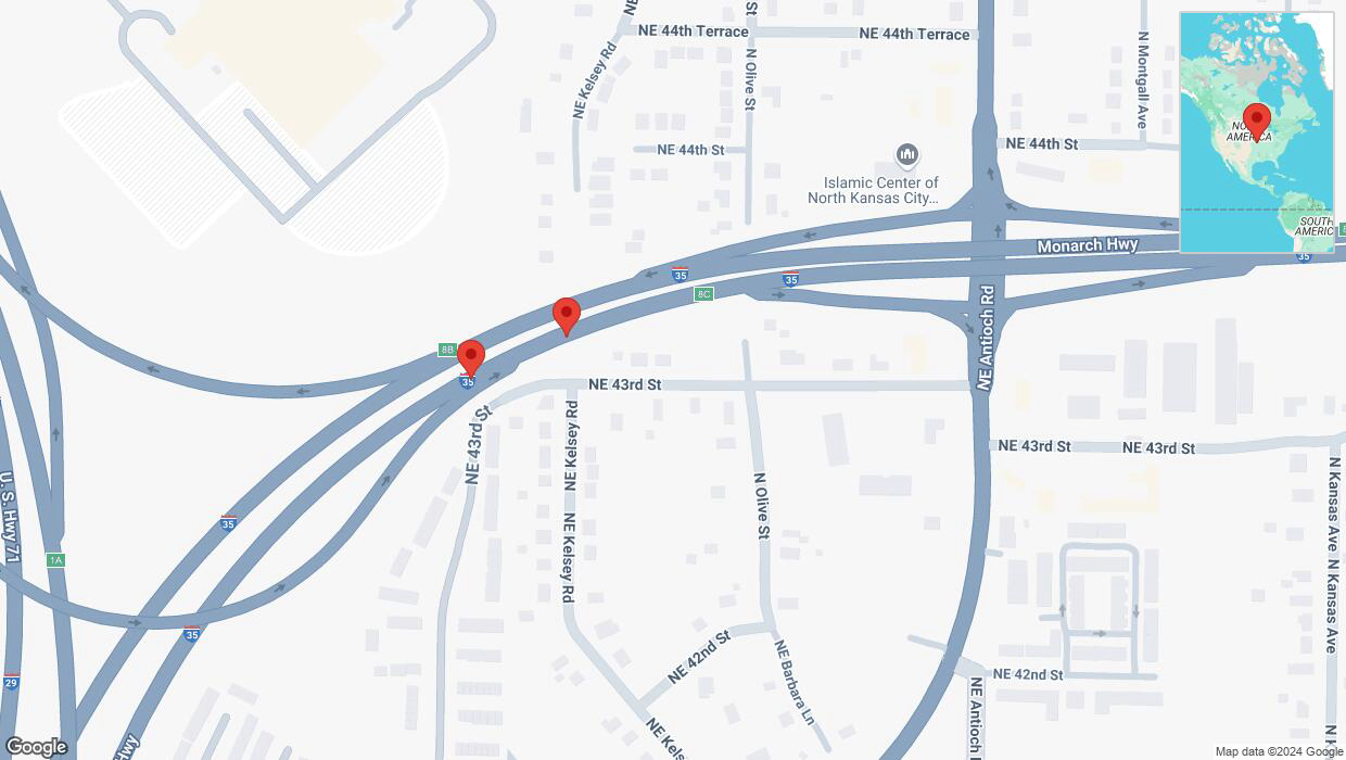 A detailed map that shows the affected road due to 'Broken down vehicle on northbound I-35 North in Kansas City' on November 13th at 1:16 p.m.