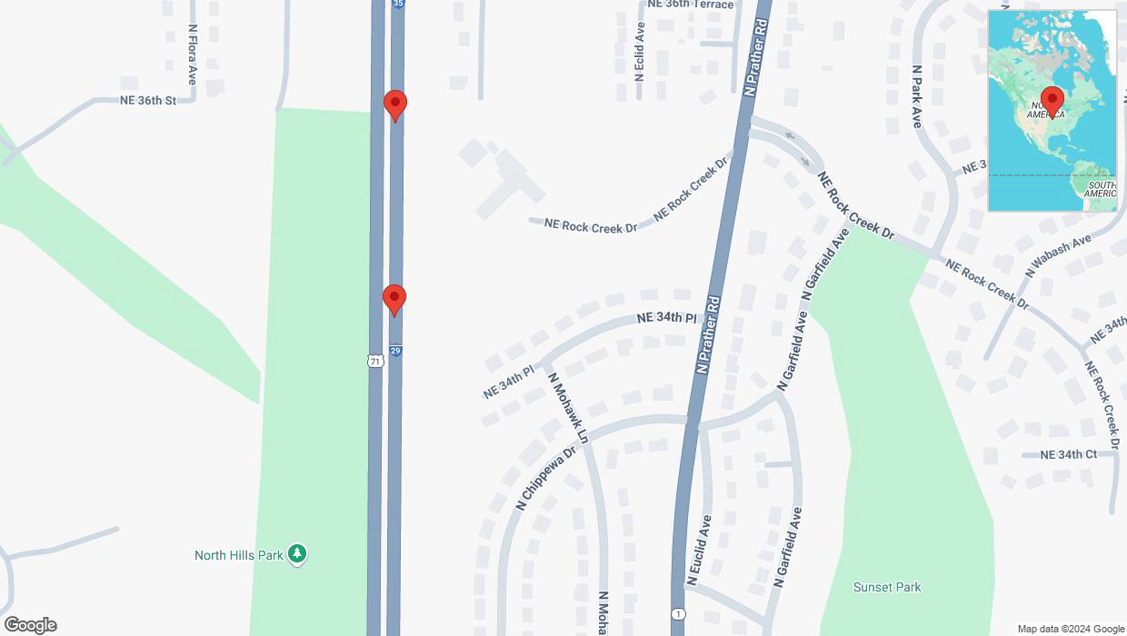 A detailed map that shows the affected road due to 'Warning in Kansas City: Crash reported on northbound I-29/I-35' on November 13th at 1:16 p.m.