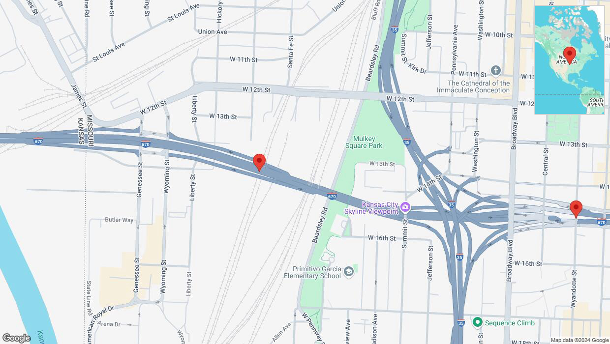 A detailed map that shows the affected road due to 'Warning in Kansas City: Crash reported on eastbound I-670' on November 13th at 9:22 p.m.