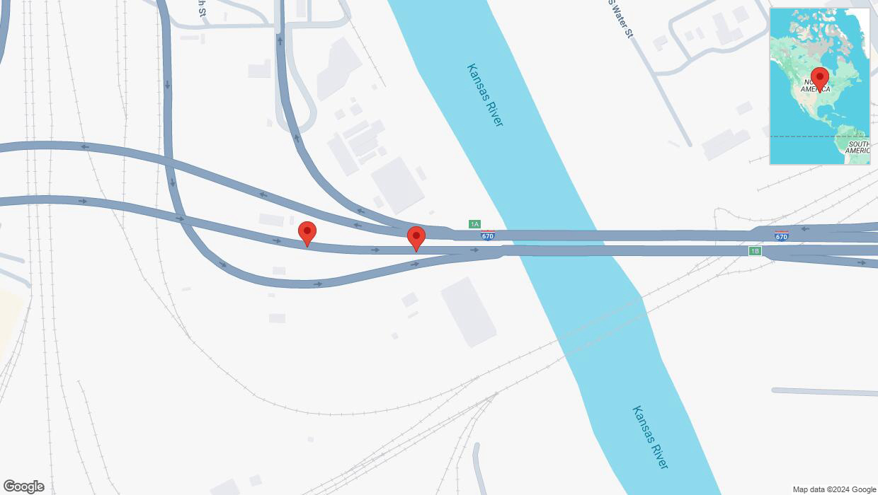 A detailed map that shows the affected road due to 'Broken down vehicle on eastbound I-670 in Kansas City' on November 13th at 10:16 p.m.