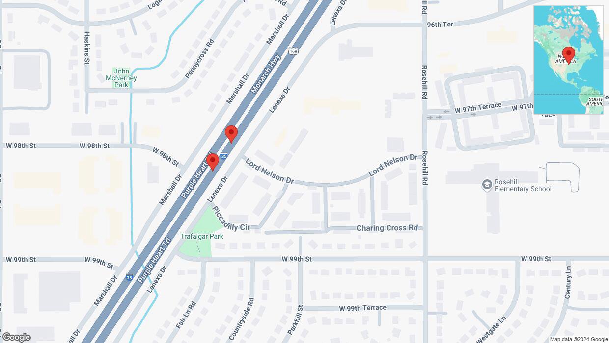 A detailed map that shows the affected road due to 'Broken down vehicle on eastbound I-35 in Lenexa' on November 14th at 1:34 p.m.