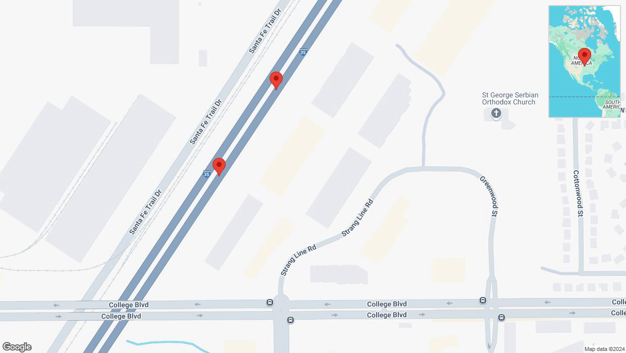 A detailed map that shows the affected road due to 'Broken down vehicle on eastbound I-35 in Lenexa' on November 14th at 7:04 p.m.