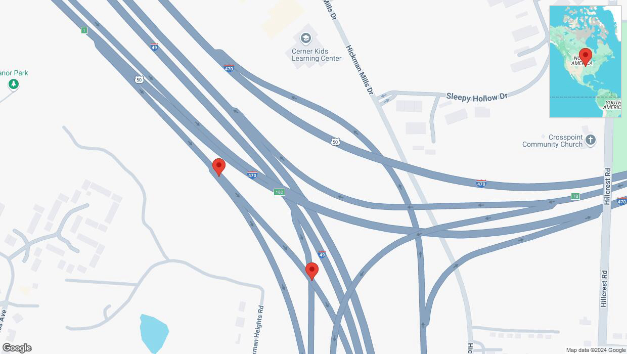 A detailed map that shows the affected road due to 'Broken down vehicle on U.S. 50 in Kansas City' on November 15th at 2:28 p.m.