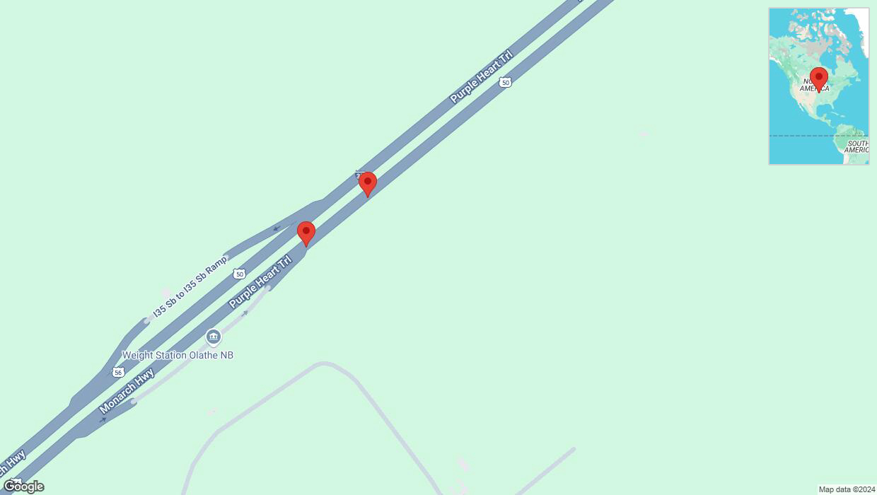 A detailed map that shows the affected road due to 'Broken down vehicle on eastbound I-35 in Olathe' on November 16th at 12:40 p.m.