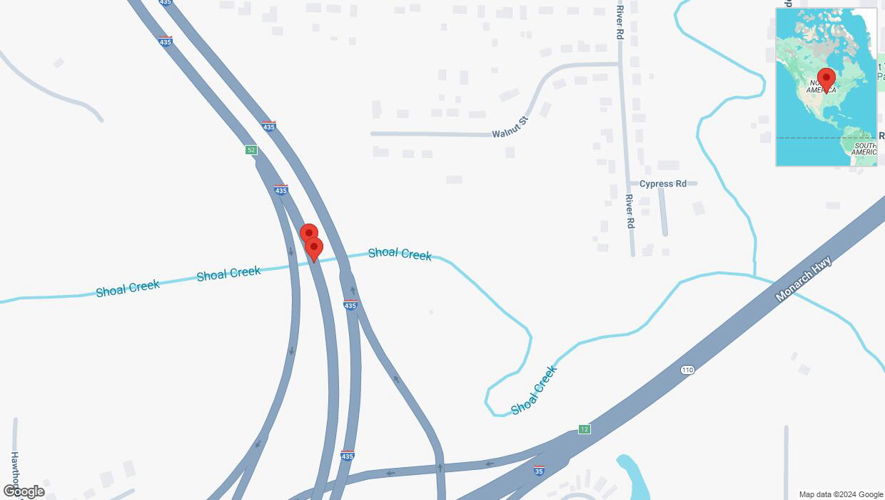 A detailed map that shows the affected road due to 'Broken down vehicle on southbound I-435 in Pleasant Valley' on November 16th at 6:28 p.m.