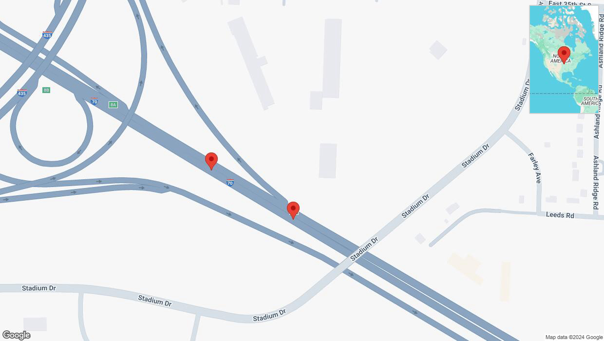 A detailed map that shows the affected road due to 'Broken down vehicle on eastbound I-70 in Kansas City' on November 16th at 6:28 p.m.