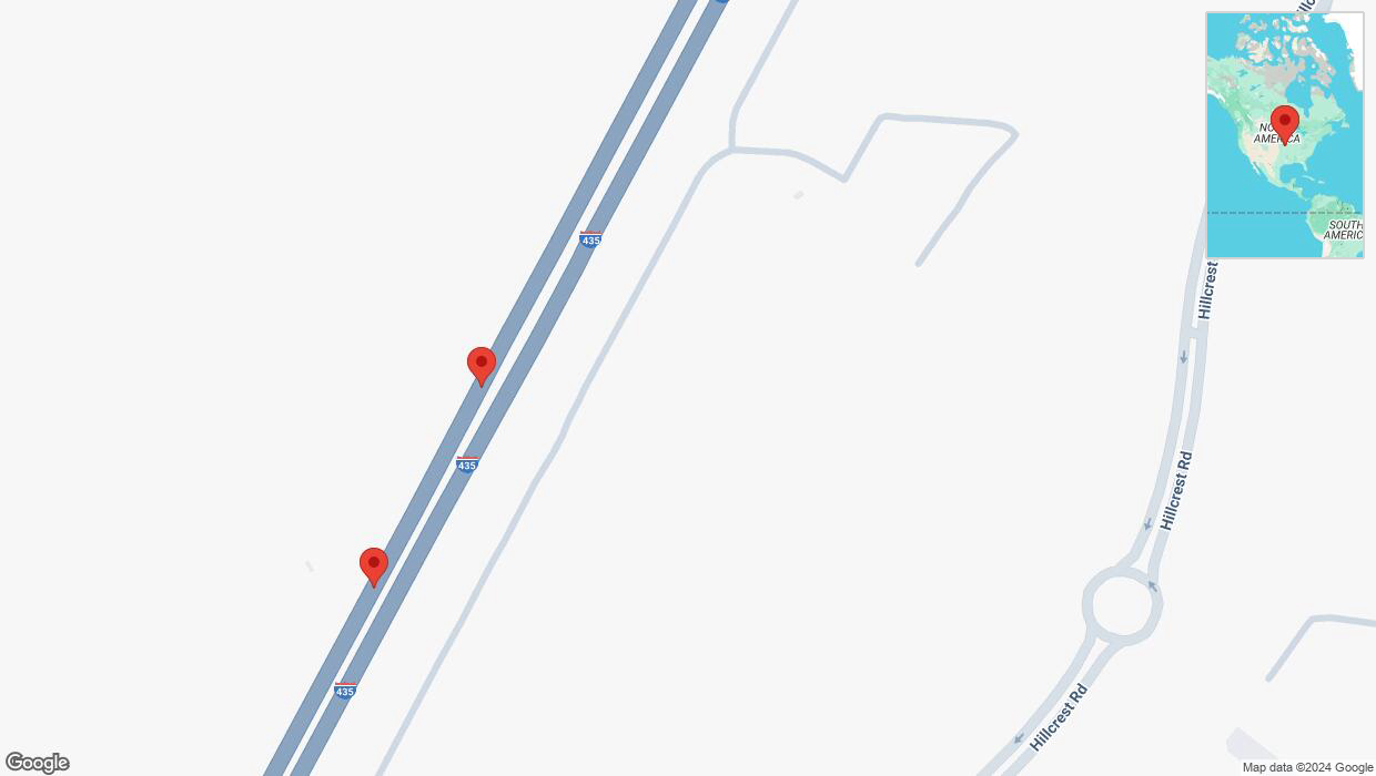 A detailed map that shows the affected road due to 'Warning in Kansas City: Crash reported on southbound I-435' on November 17th at 11:28 p.m.