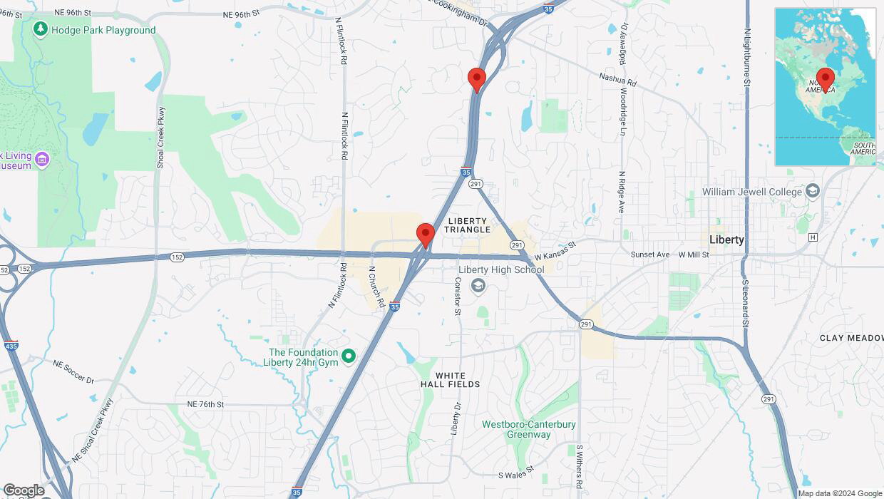 A detailed map that shows the affected road due to 'Traffic alert issued due to heavy rain conditions on northbound I-35 in Liberty' on November 18th at 4:16 p.m.