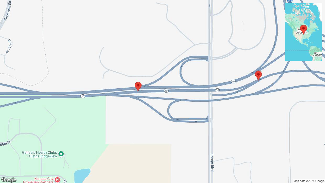 A detailed map that shows the affected road due to 'Crash reported on eastbound K-10 in Lenexa' on November 18th at 5:06 p.m.