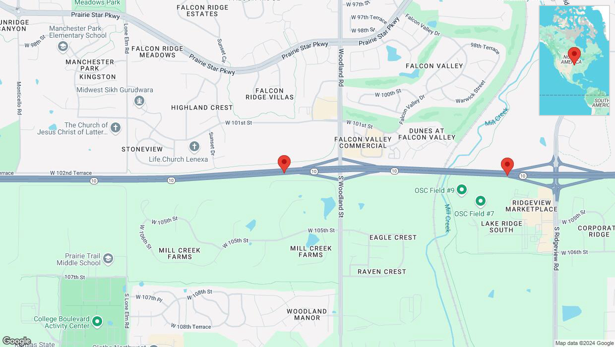 A detailed map that shows the affected road due to 'Heavy rain prompts traffic warning on eastbound K-10 in Lenexa' on November 18th at 4:27 p.m.