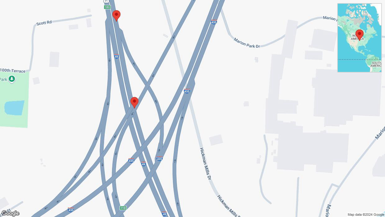 A detailed map that shows the affected road due to 'Broken down vehicle on northbound I-40/US-71 in Kansas City' on November 24th at 2:38 p.m.