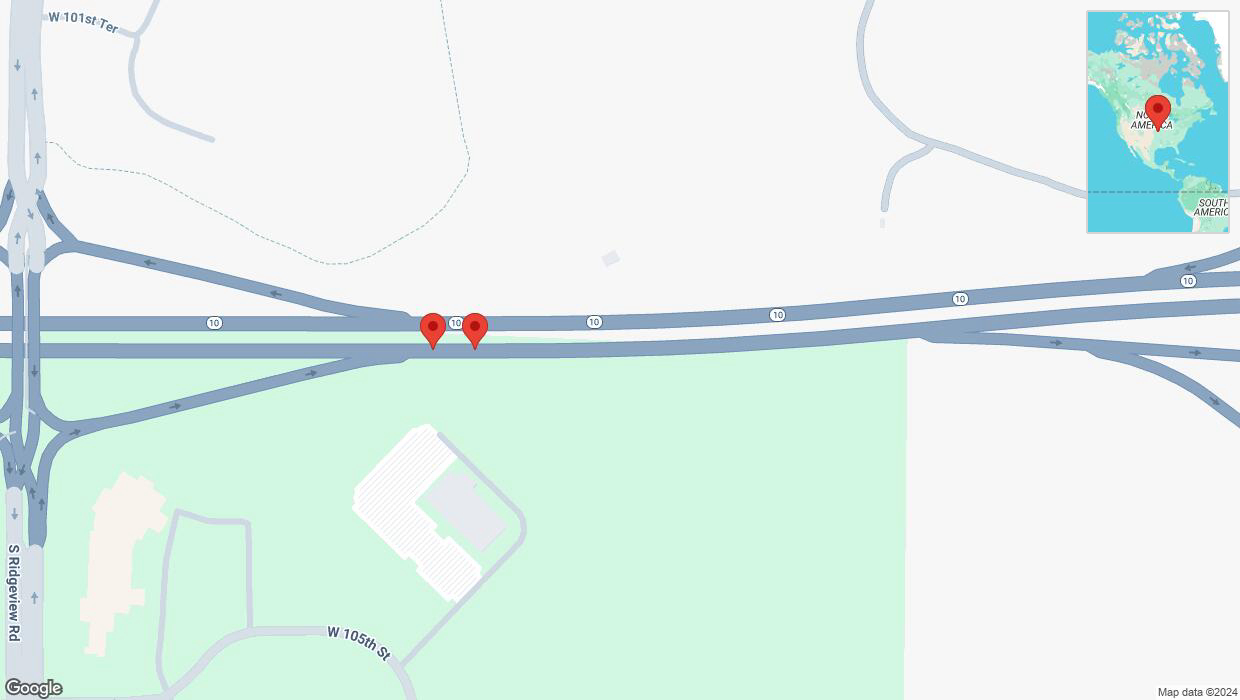 A detailed map that shows the affected road due to 'Broken down vehicle on eastbound K-10 in Olathe' on November 19th at 12:12 p.m.