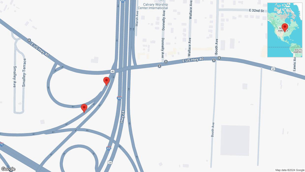 A detailed map that shows the affected road due to 'Broken down vehicle on the East US Highway 40 in Kansas City' on November 19th at 12:22 p.m.