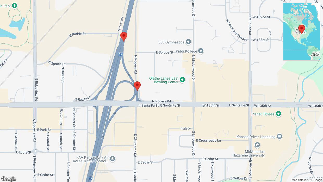 A detailed map that shows the affected road due to 'Broken down vehicle on North Rogers Road in Olathe' on November 19th at 2:28 p.m.