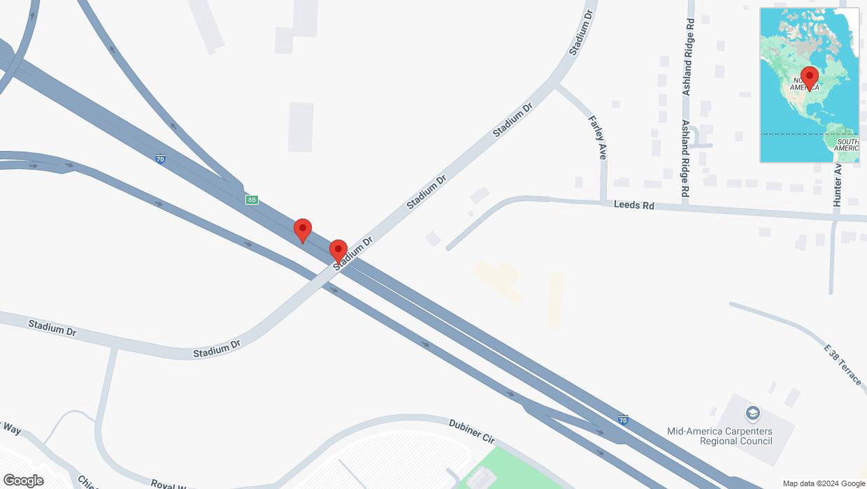 A detailed map that shows the affected road due to 'Broken down vehicle on eastbound I-70 in Kansas City' on November 19th at 7:40 p.m.
