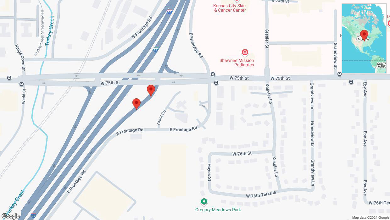 A detailed map that shows the affected road due to 'Broken down vehicle on the Monarch Highway in Overland Park' on November 19th at 6:58 p.m.
