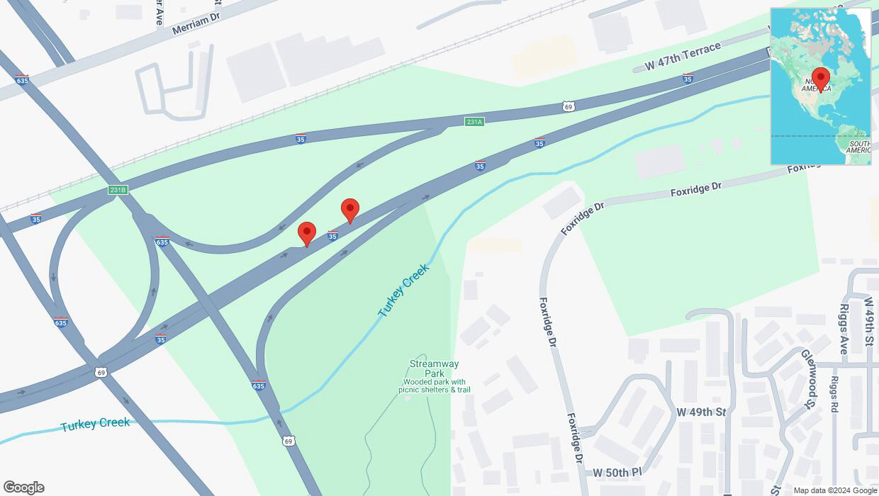 A detailed map that shows the affected road due to 'Broken down vehicle on northbound I-35 in Mission' on November 19th at 9:10 p.m.