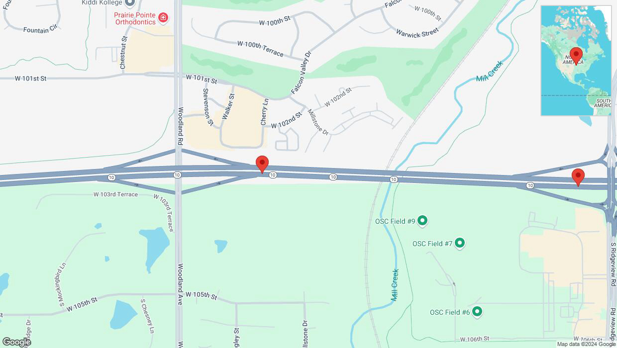 A detailed map that shows the affected road due to 'Crash reported on eastbound K-10 in Lenexa' on November 20th at 8:09 a.m.