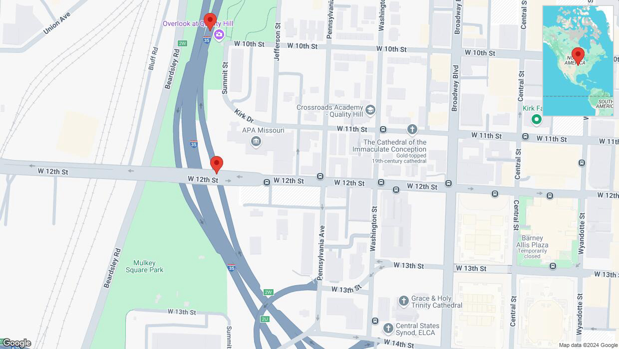A detailed map that shows the affected road due to 'West 12th Street closed in Kansas City' on November 20th at 12:34 p.m.