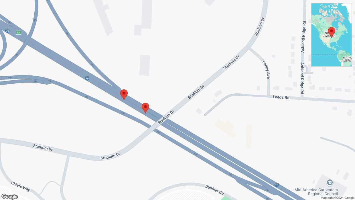 A detailed map that shows the affected road due to 'Warning: Crash on eastbound I-70 in Kansas City' on November 20th at 6:34 p.m.