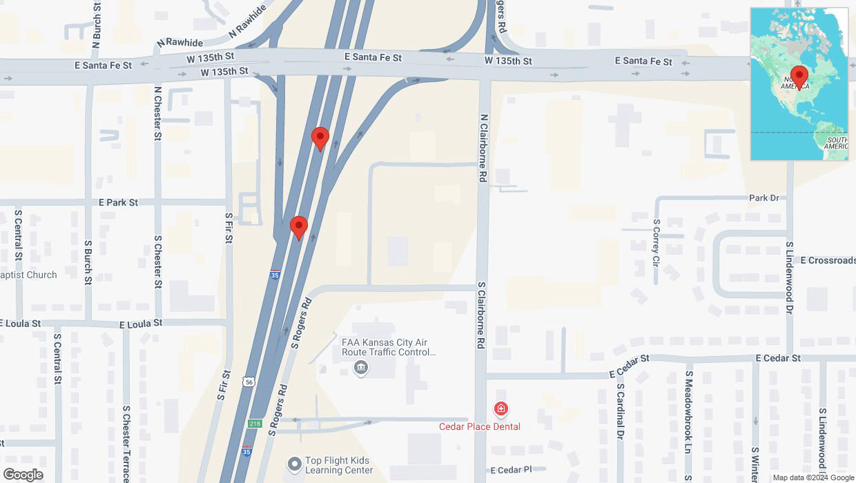 A detailed map that shows the affected road due to 'Broken down vehicle on eastbound I-35 in Olathe' on November 20th at 6:28 p.m.