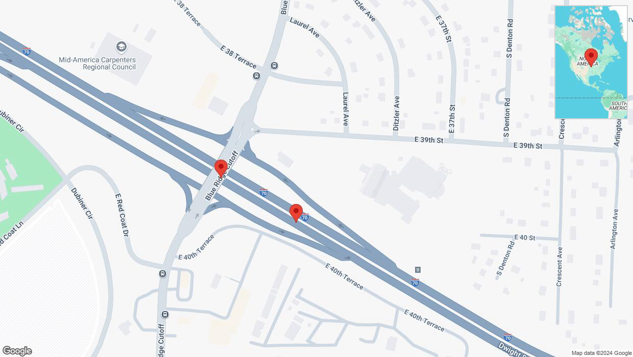 A detailed map that shows the affected road due to 'Broken down vehicle on eastbound I-70 in Kansas City' on November 20th at 6:04 p.m.