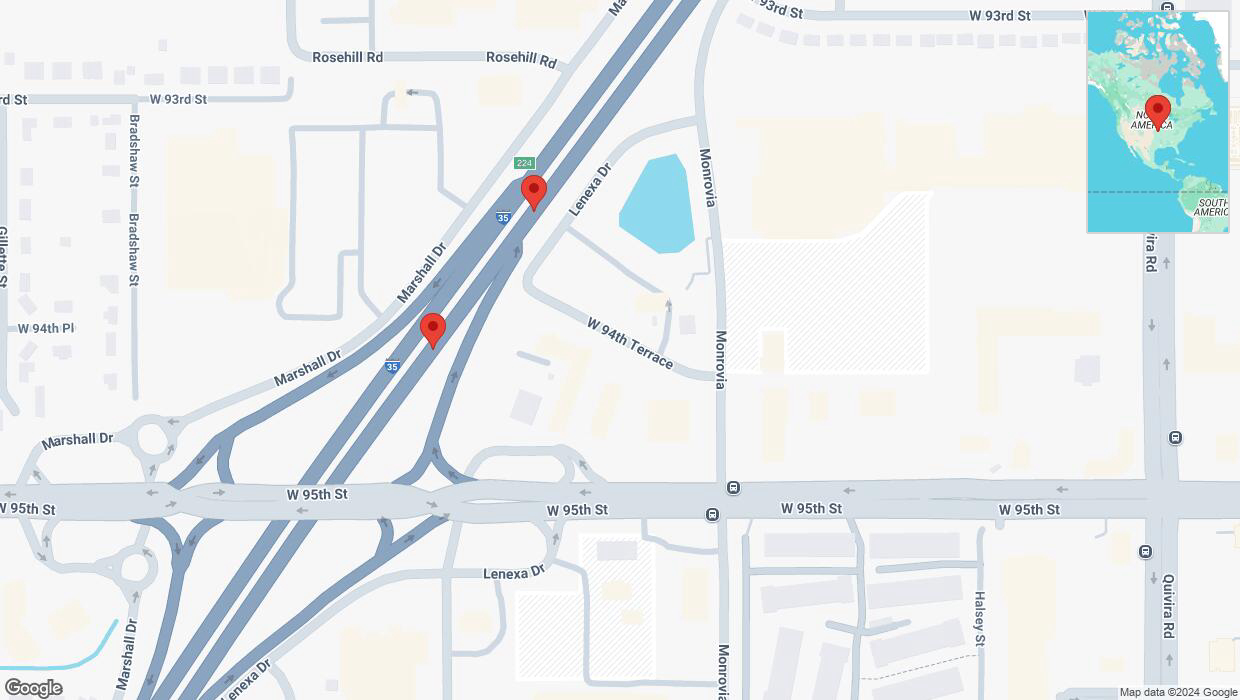 A detailed map that shows the affected road due to 'Broken down vehicle on eastbound I-35 in Lenexa' on November 20th at 5:40 p.m.
