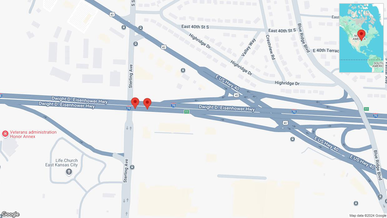 A detailed map that shows the affected road due to 'Broken down vehicle on eastbound I-70 in Kansas City' on November 20th at 7:16 p.m.