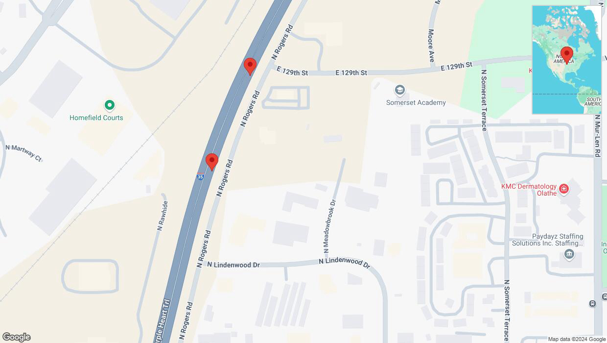 A detailed map that shows the affected road due to 'Broken down vehicle on eastbound I-35 in Olathe' on November 21st at 3:10 p.m.