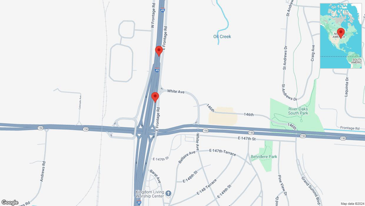 A detailed map that shows the affected road due to 'Broken down vehicle on I-49 North in Grandview' on November 21st at 3:58 p.m.